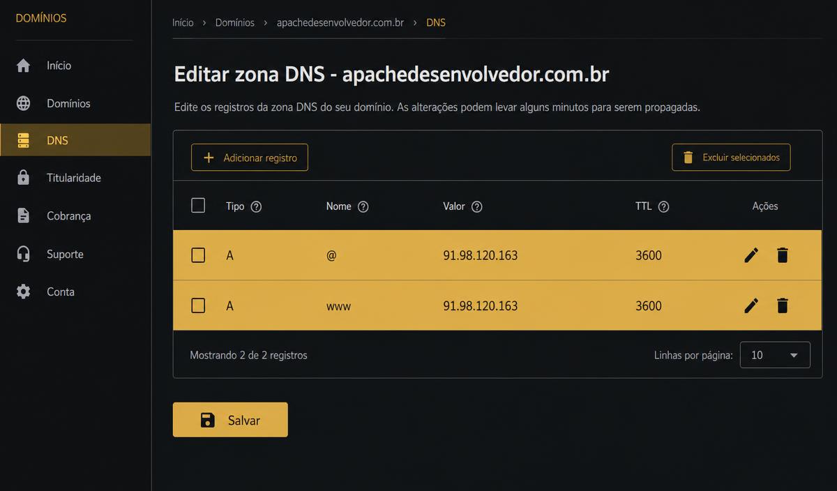 Tela de edição de zona DNS na Registro.br com os registros A apontando para o IP da VPS